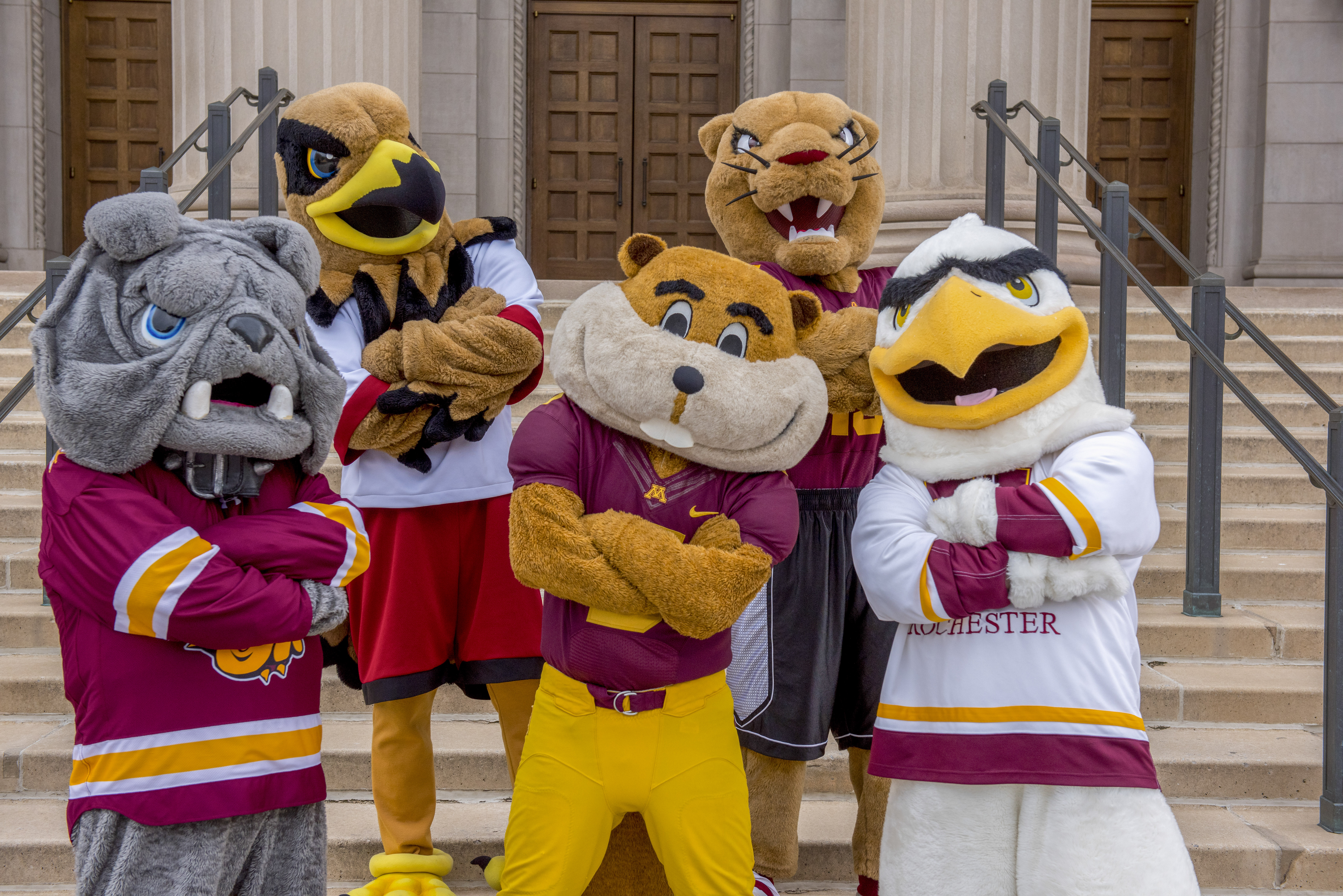 Goldy Gopher, Champ the Bulldog, Regal the Eagle, Rockie Raptor, and Pounce the Cougar